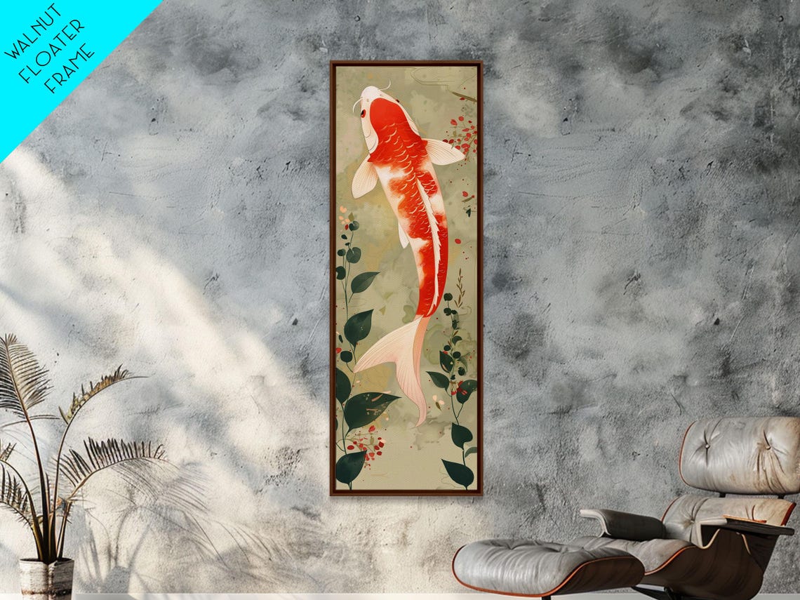 Red White Koi Fish Swimming Among Green Plants Japanese Wall Art - Image 6