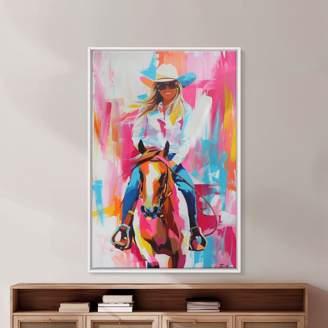 Smiling Cowgirl Riding Horse, Western Art Print - Image 4