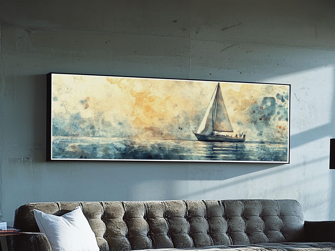 Sailboat Calm Sea Watercolor Panoramic Nautical Beach Decor Wall Poster - Image 2