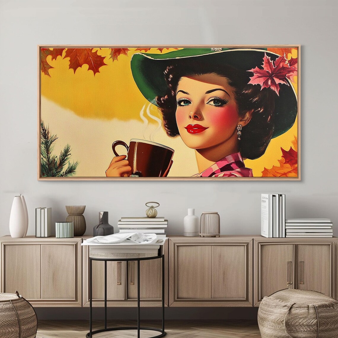 Retro Cowgirl With Coffee Autumn Leaves Vintage Pinup Style Art Poster - Image 3