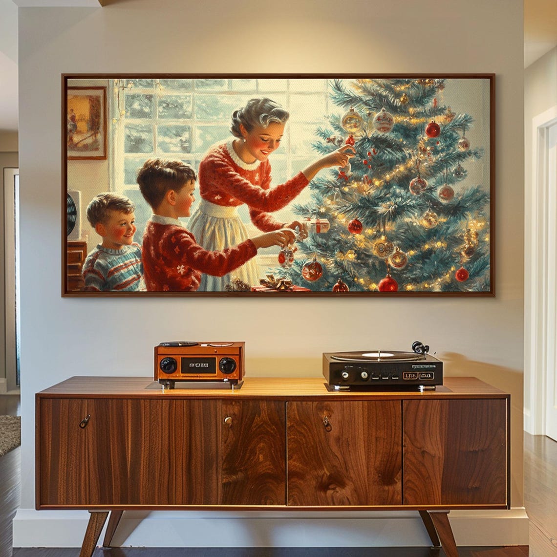 Vintage Family Decorating The Christmas Tree Together Art Print - Image 4