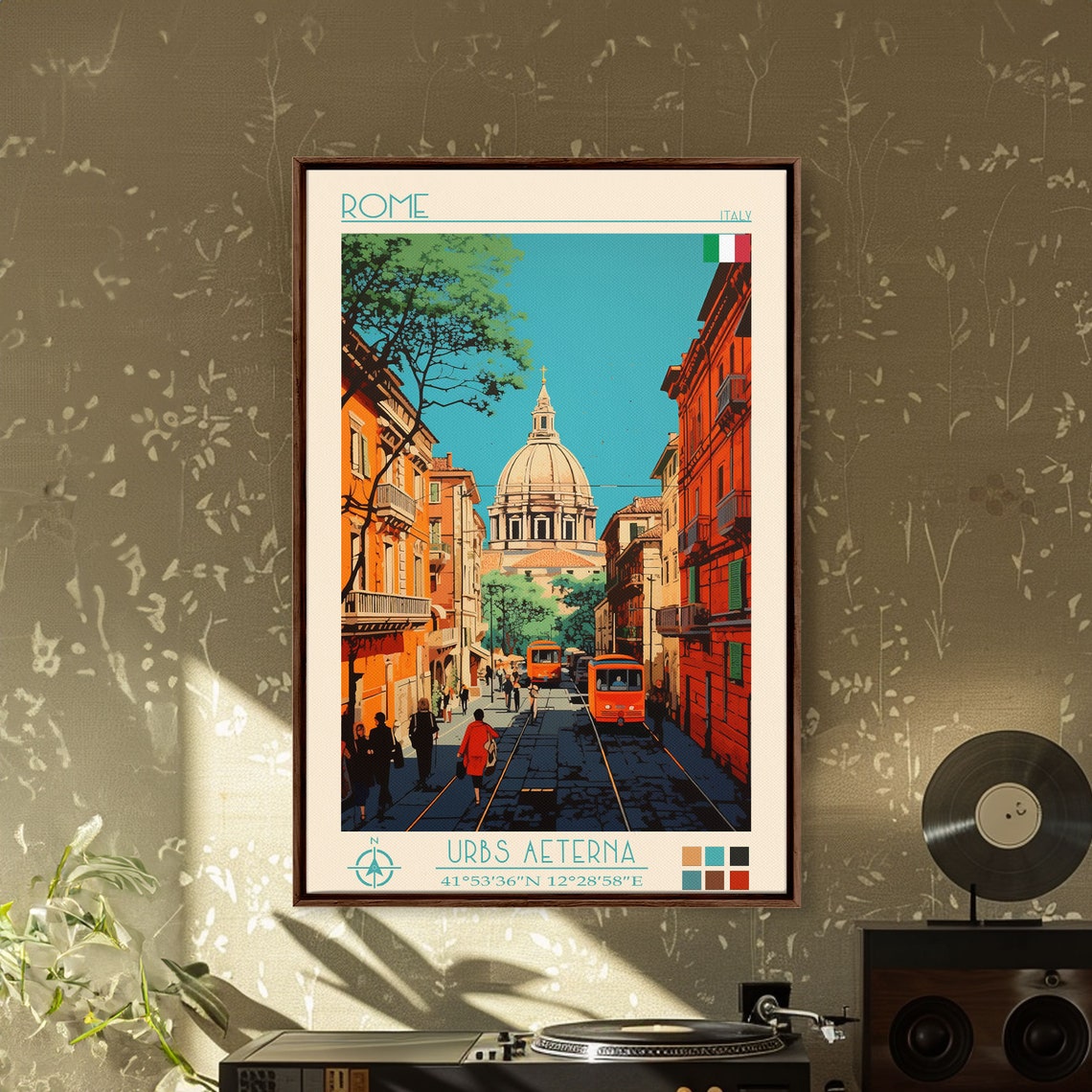 Rome Italy Street Tram Domed Church Old Town View Travel Poster