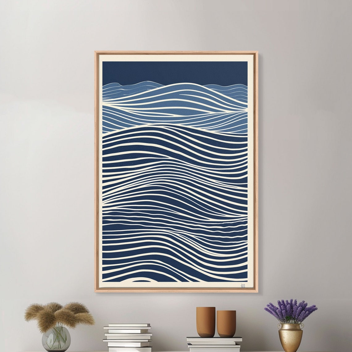 Japandi Blue Ocean Wave Ripple Lines Abstract Minimalist Wall Art - Image 3