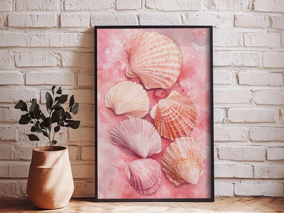 Blush Pink Scallop Seashells Watercolor Coastal Beach Wall Art Poster