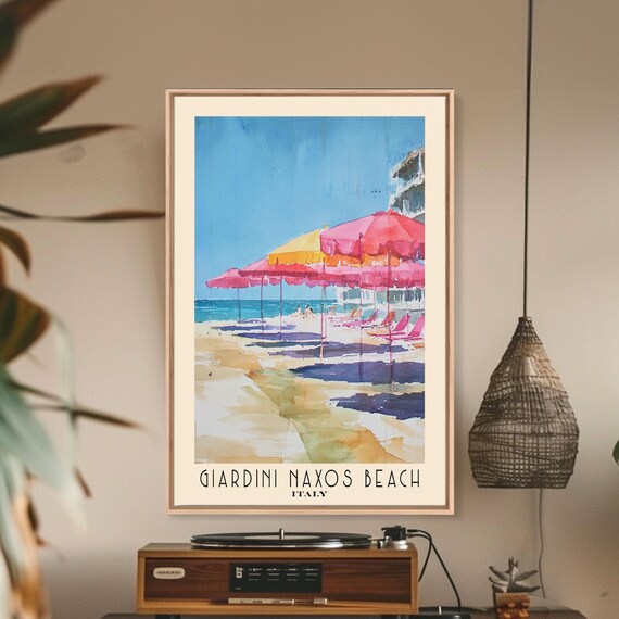 Giardini Naxos Beach Italy Colorful Umbrellas Sicily Coast Poster