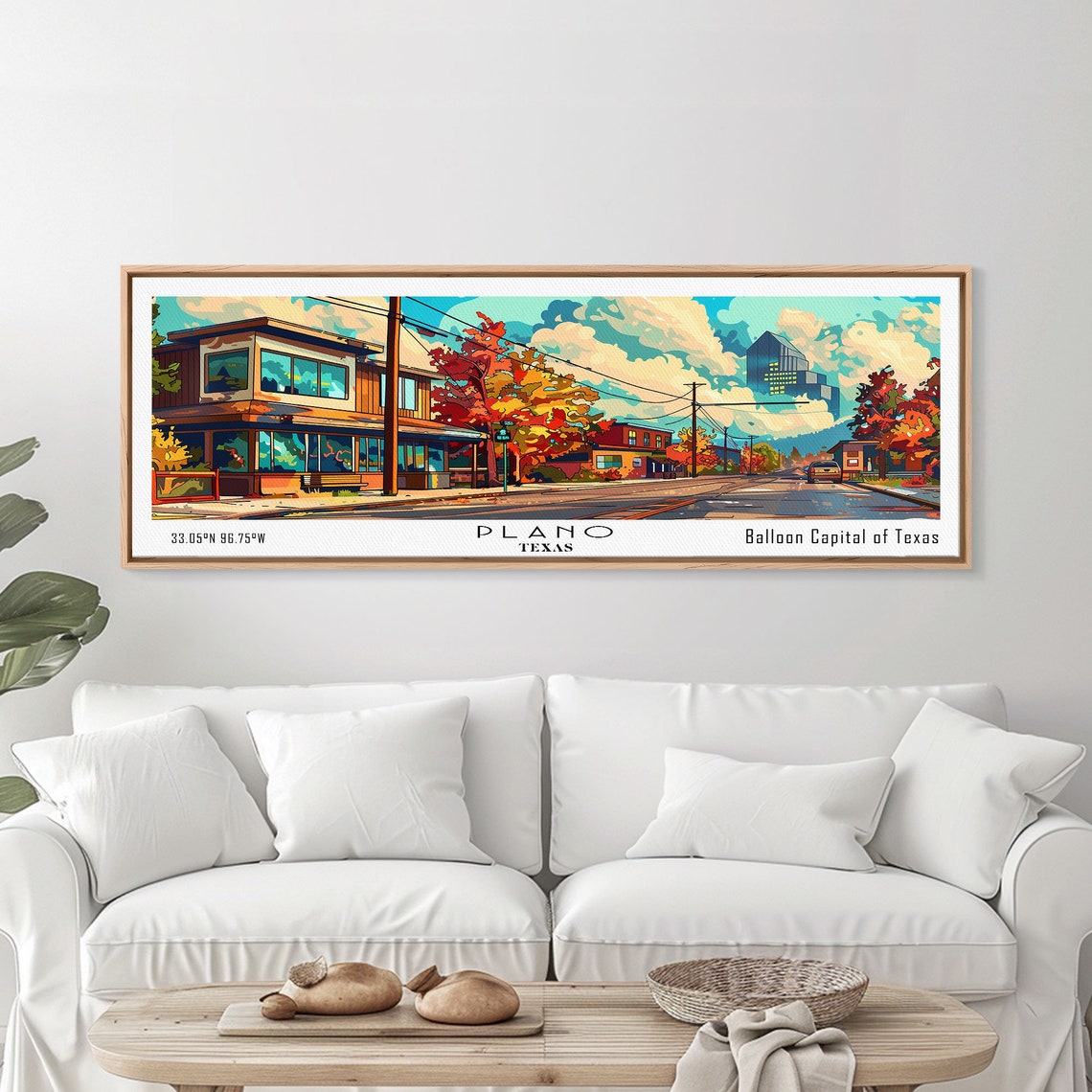 Plano Texas Suburban Street Autumn Trees Downtown Tower Travel Poster