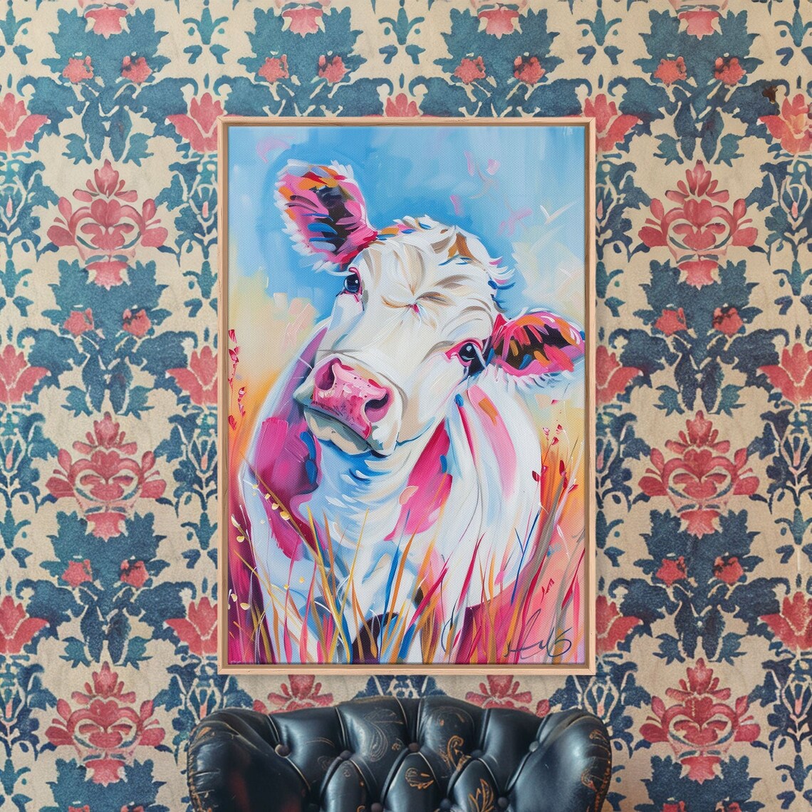 Whimsical Colorful Cow Portrait Modern Farmhouse Wall Art Vibrant Animal Painting Living Room Decor Cute Cow Print - Image 2