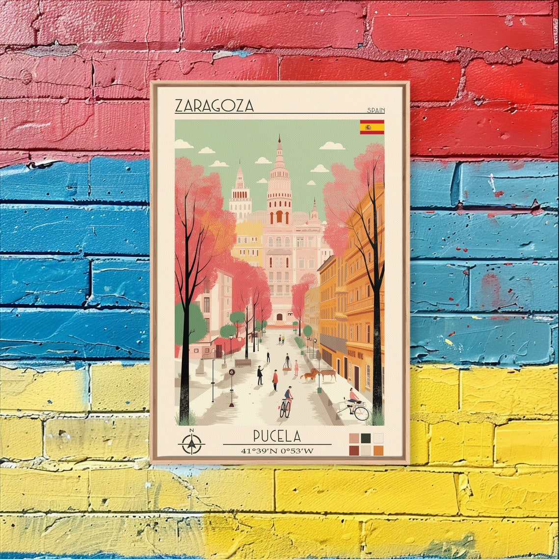 Zaragoza Spain Basilica Towers Pink Tree Lined Plaza Travel Poster - Image 3