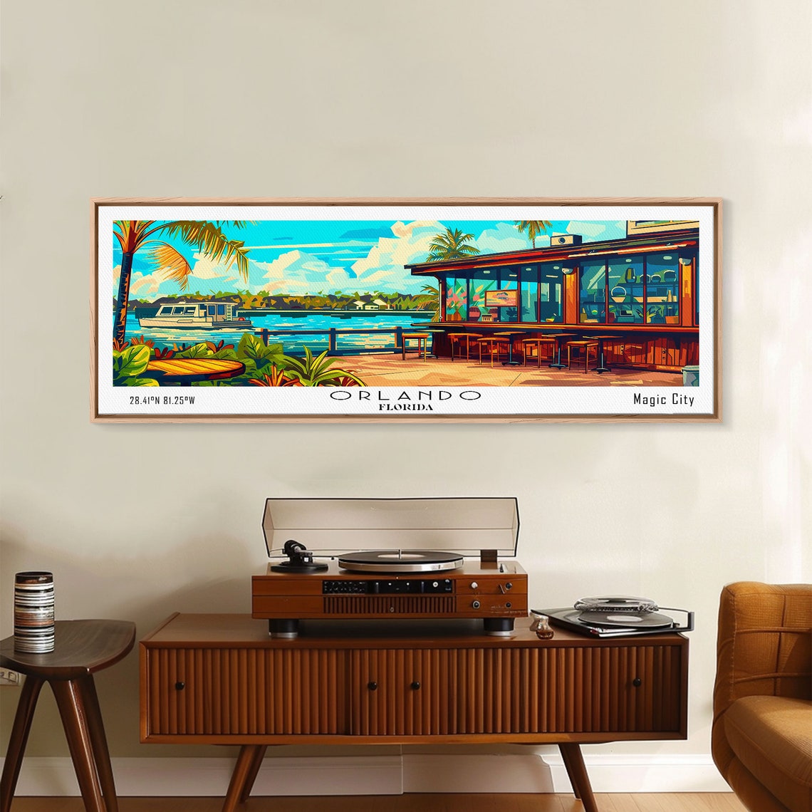 Orlando Florida Lakeside Bar Palm Trees Boat Sunset View Travel Poster - Image 6