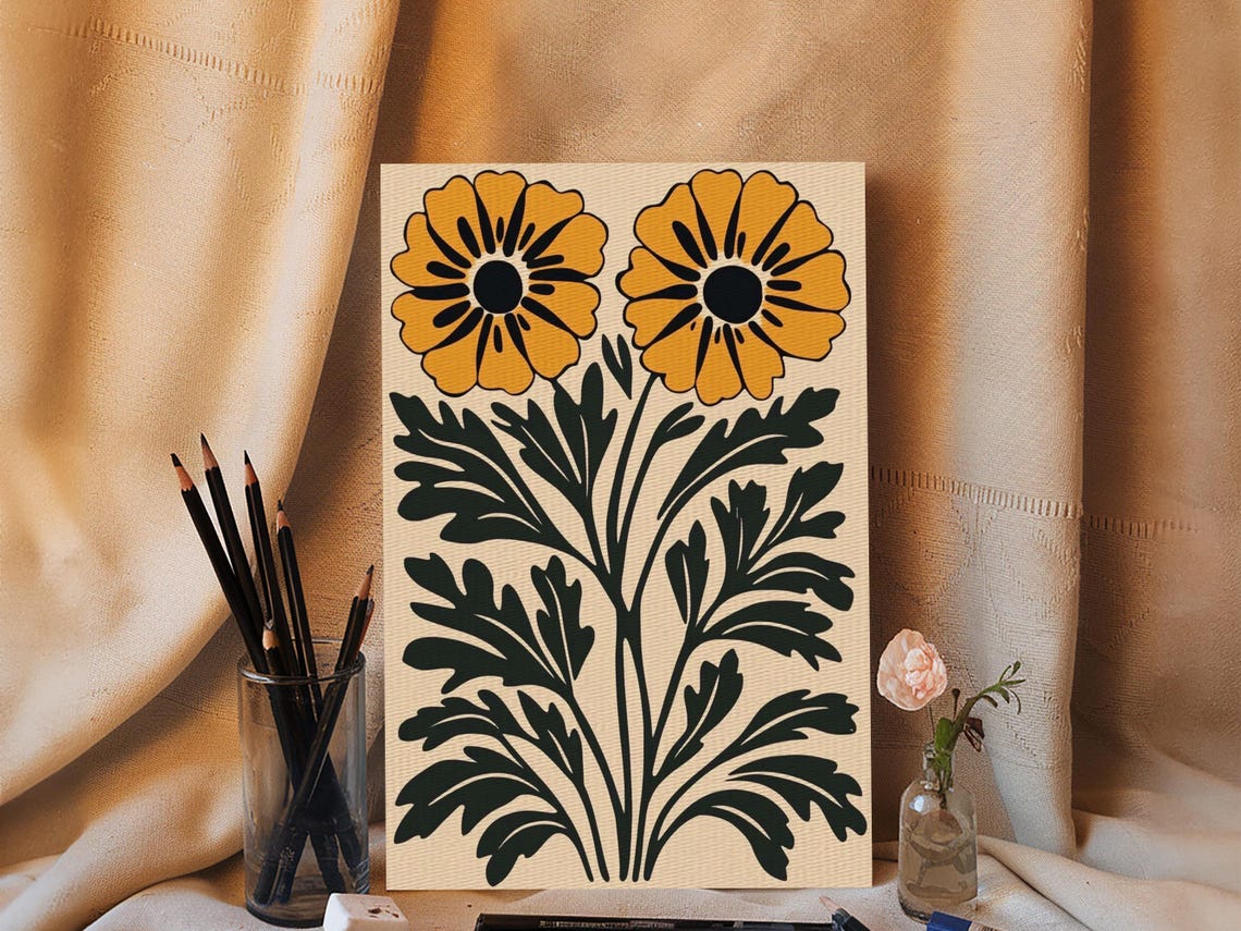 Mid Century Modern Botanical Flowers Orange Black Cottagecore Print