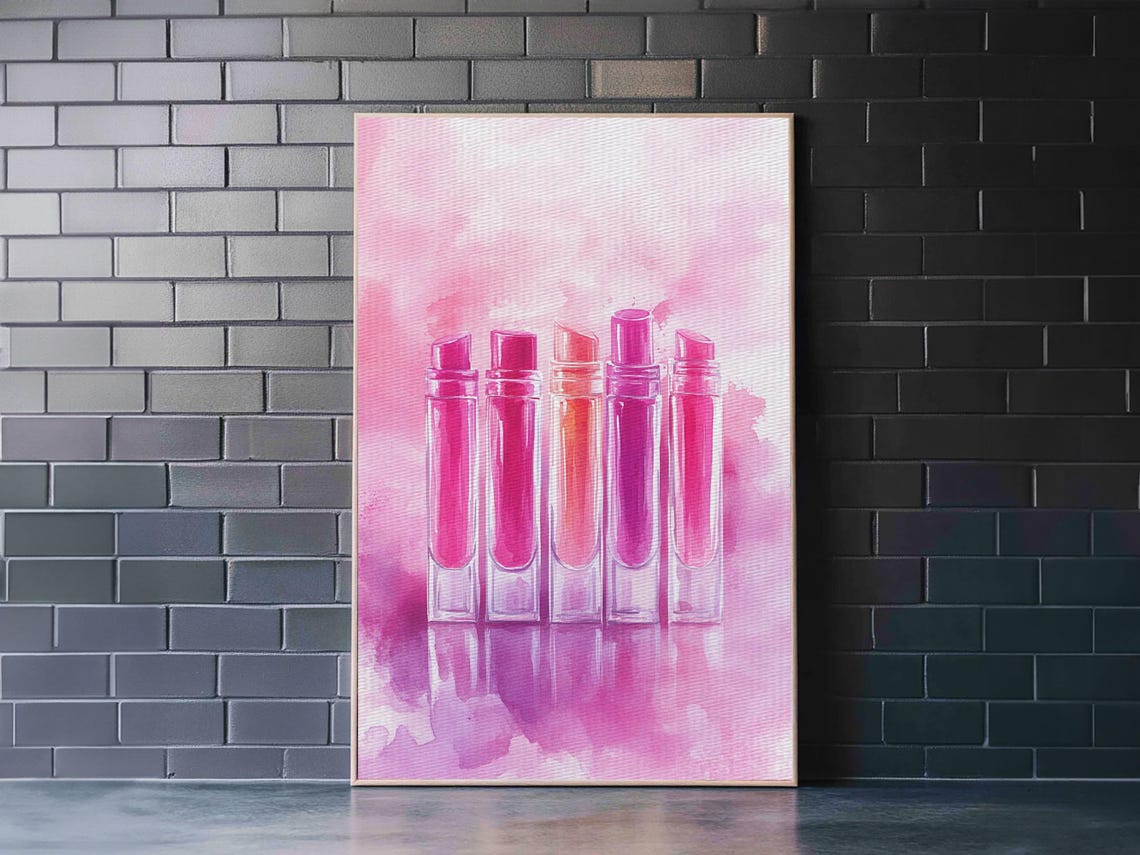 Pink Lipstick Tubes Watercolor Glam Beauty Vanity Room Decor Poster - Image 3