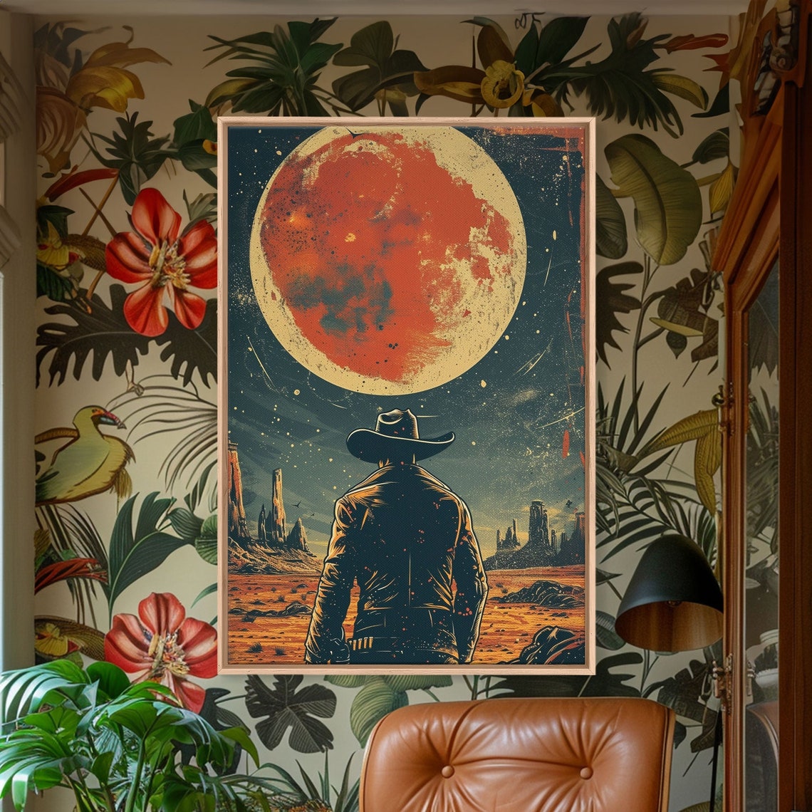 Cosmic Cowboy Poster Silhouette in Desert Canyon Under Giant Red Moon - Image 4