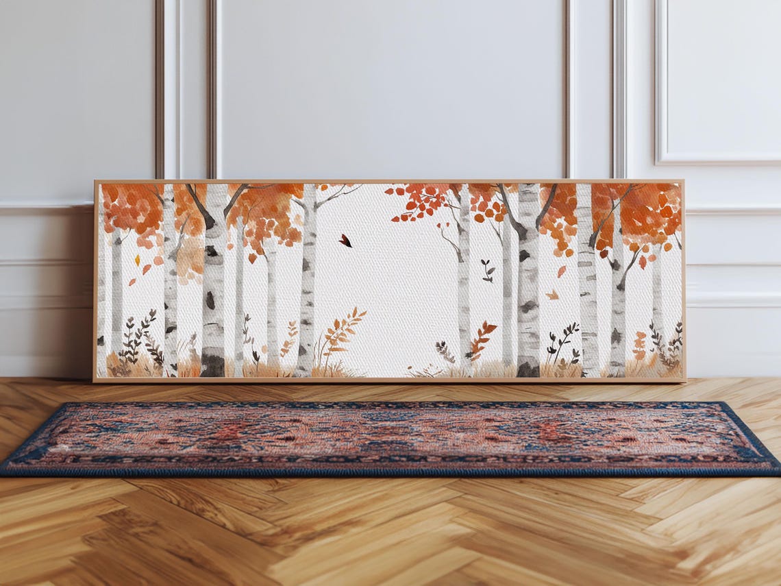 Birch Trees Orange Autumn Leaves Watercolor Panoramic Fall Wall Poster - Image 6