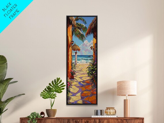 Tropical Beach Stone Pathway Palm Trees Palapa Umbrella Travel Poster