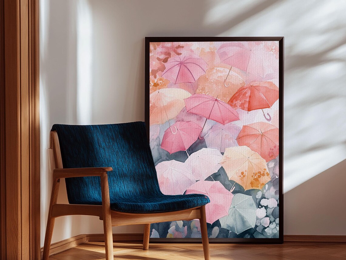 Pink Umbrellas Aerial Watercolor Whimsical Rainy Day Wall Art Poster - Image 3