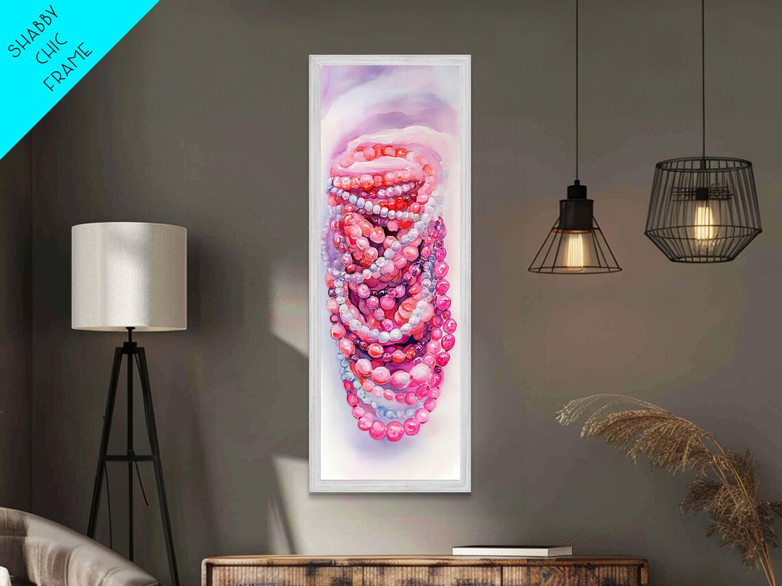 Pink Pearl Beads Watercolor Jewelry Necklace Still Life Wall Art
