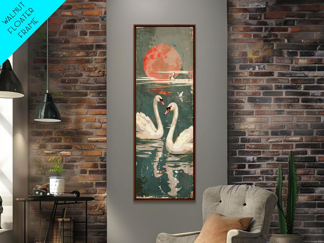 Two White Swans On Lake Beneath Red Sun Vintage Japanese Wall Art - Image 3