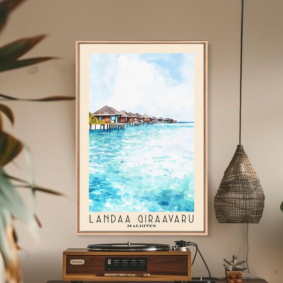 Landaa Giraavaru Maldives Overwater Bungalows Lagoon Watercolor Poster
