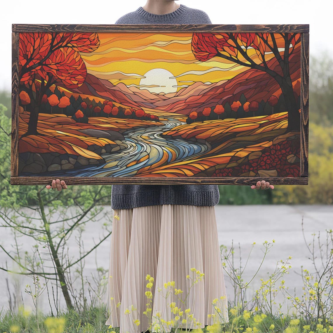 Stained Glass Autumn River Valley Sunset Landscape Panoramic Poster - Image 2