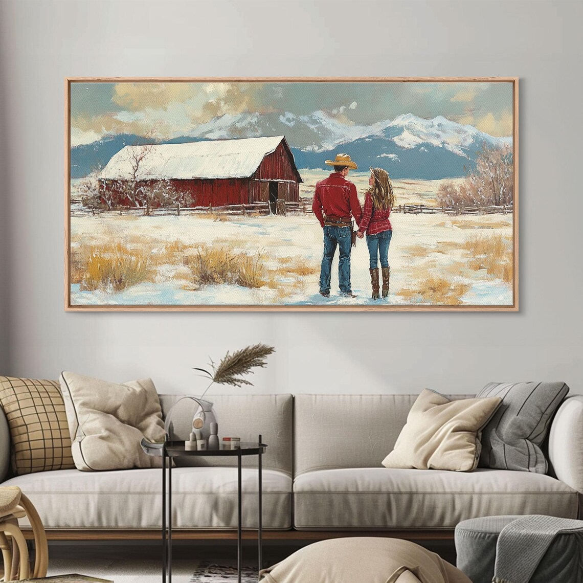 Country Couple Walking To Their Red Barn In Winter Snow Field Poster - Image 4