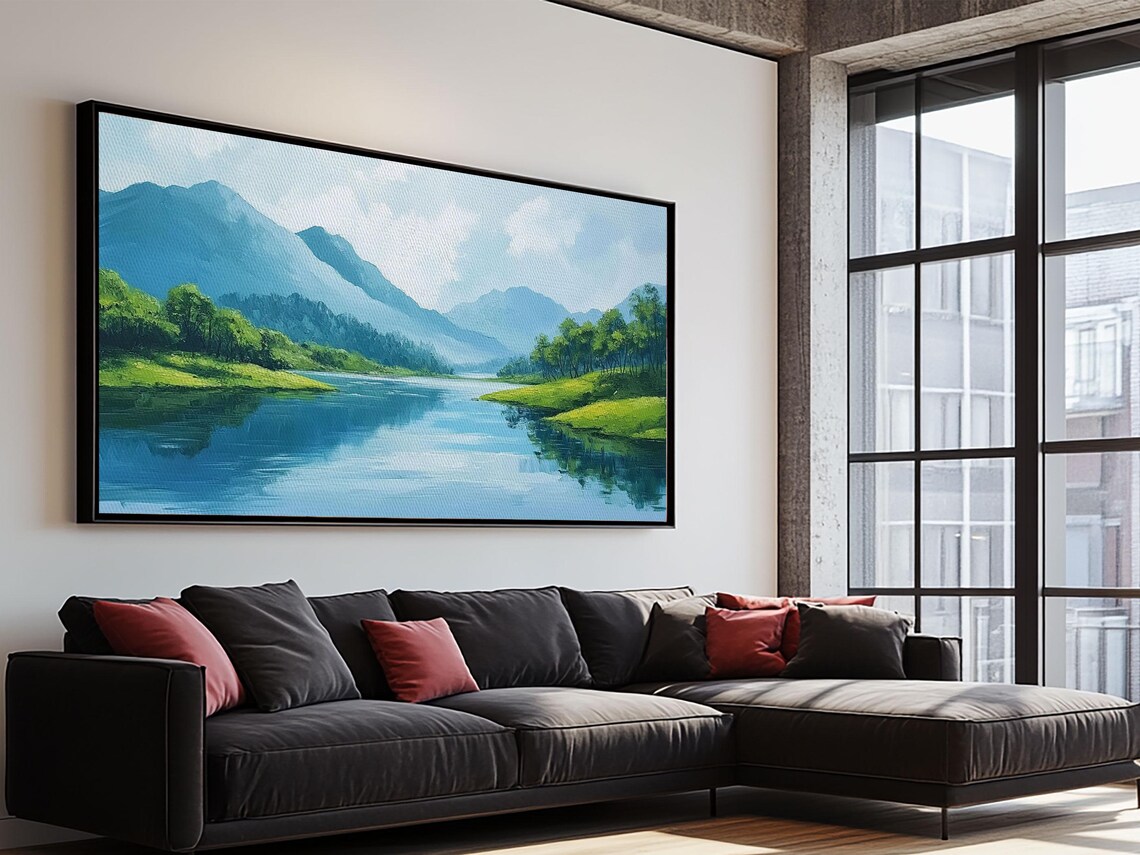 Blue Mountain Lake Misty Peaks Green Valley Calm Water Panoramic Wall Art - Image 5