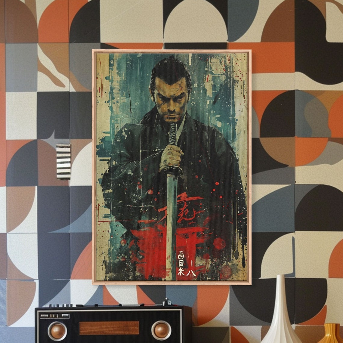 Samurai Warrior Katana Splatter Paint Teal Red Japanese Wall Art - Image 5