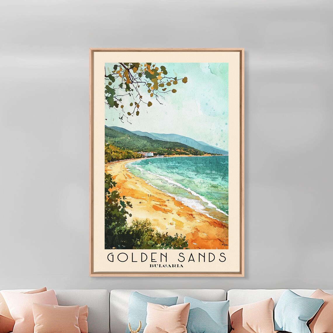 Golden Sands Bulgaria Sandy Bay Turquoise Sea Green Hills Beach Watercolor Poster - Image 3