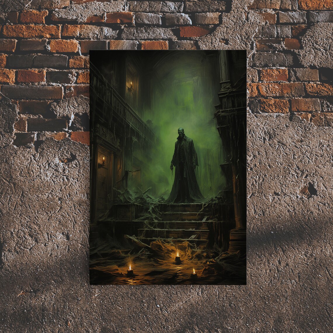 Dark Fantasy Cloaked Figure In Ruined Cathedral Green Fog Horror Poster