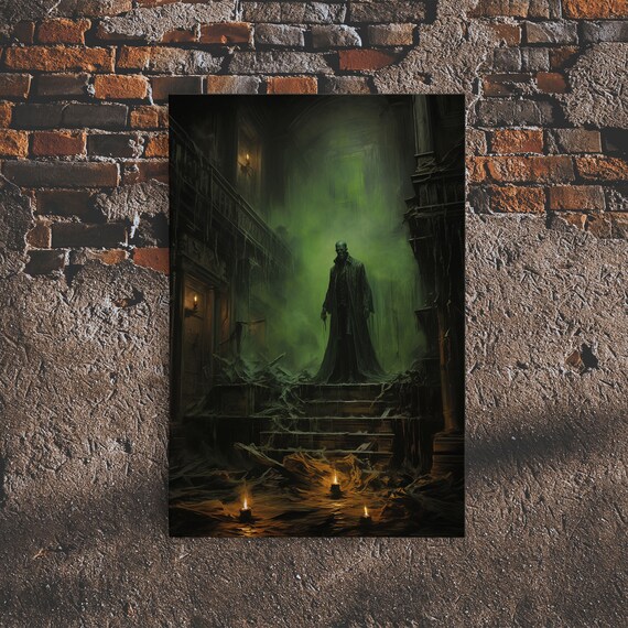 Dark Fantasy Cloaked Figure In Ruined Cathedral Green Fog Horror Poster