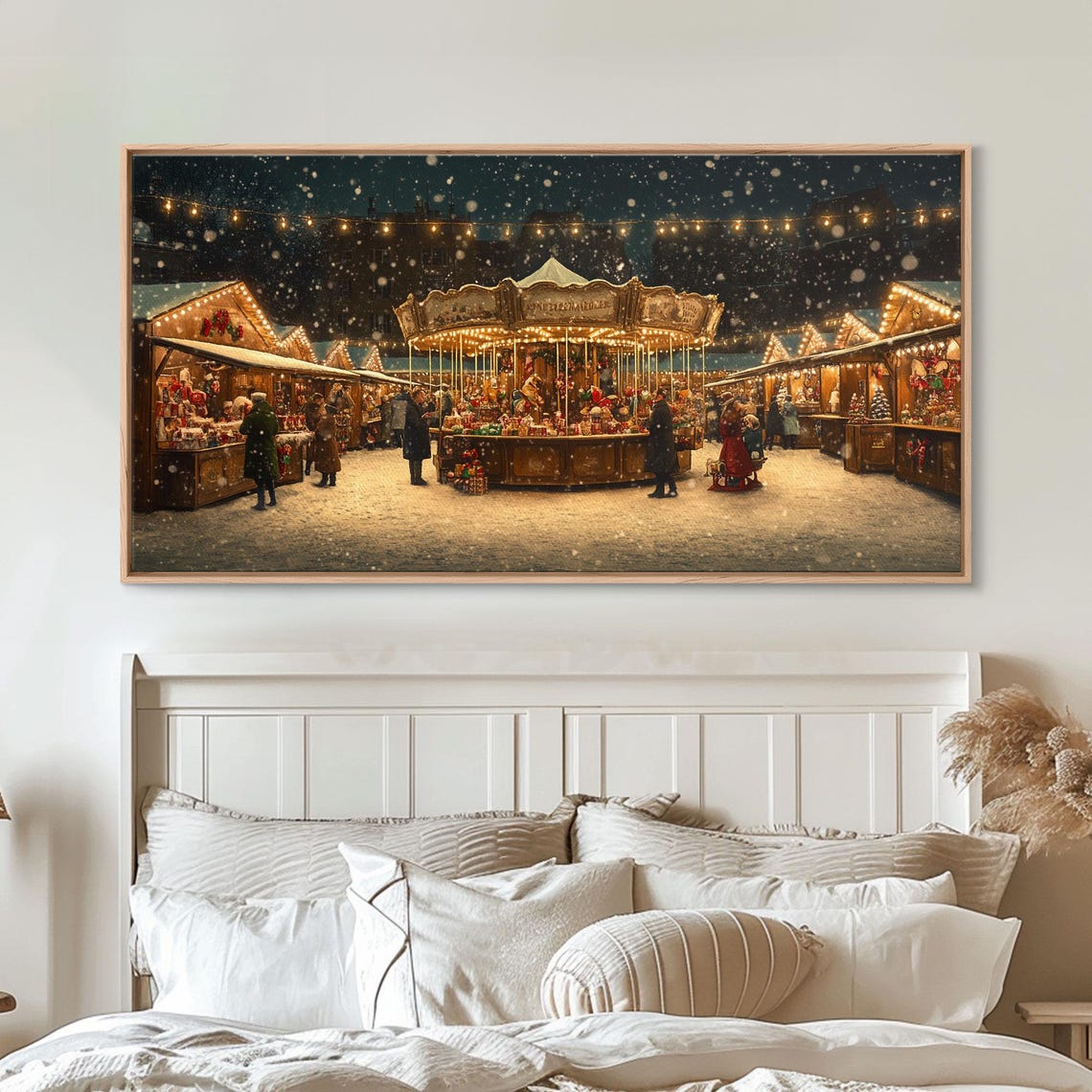 Night Christmas Market Carousel Snow String Lights Festive Poster - Image 5