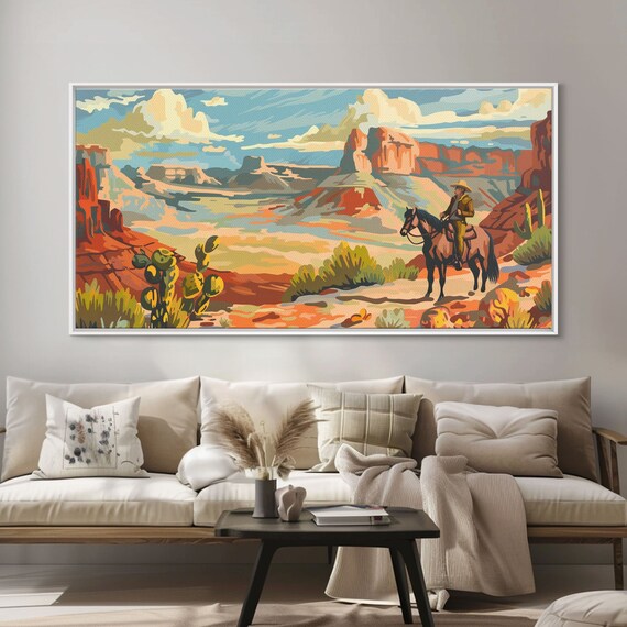 Cowboy Riding Through Canyon Framed Print For Rustic Living Room Decor Western Art For Home And Bedroom Decoration