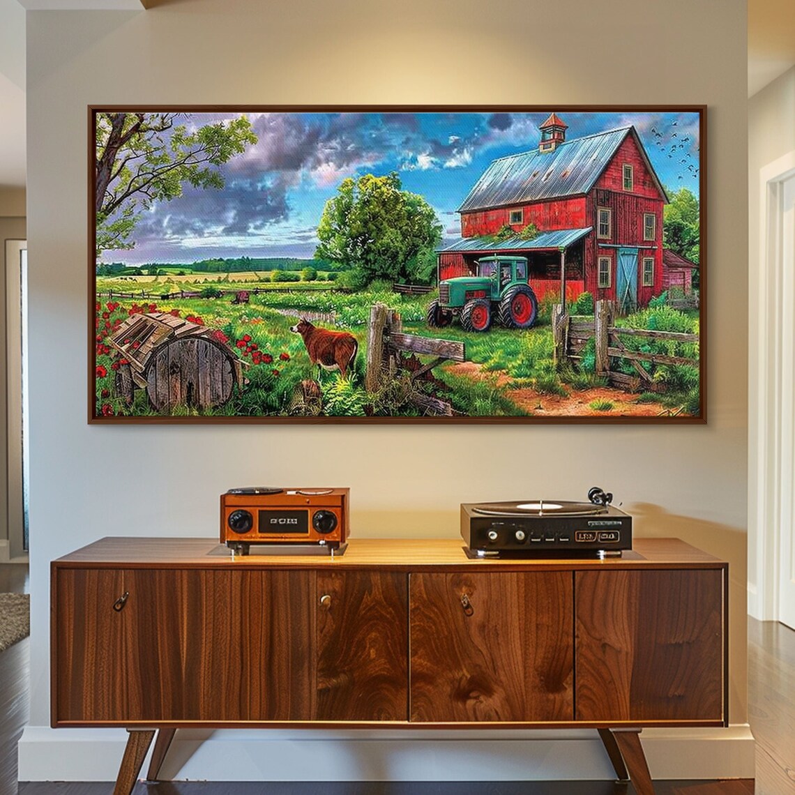 Red Barn Green Tractor Country Farm Scene Cows Pasture Art Poster - Image 5
