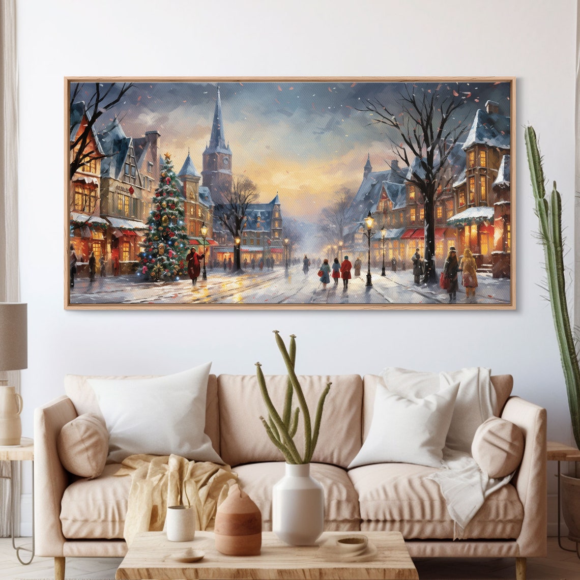Snowy Christmas Town Square Tree Church Spire Lanterns Dusk Art Poster - Image 3