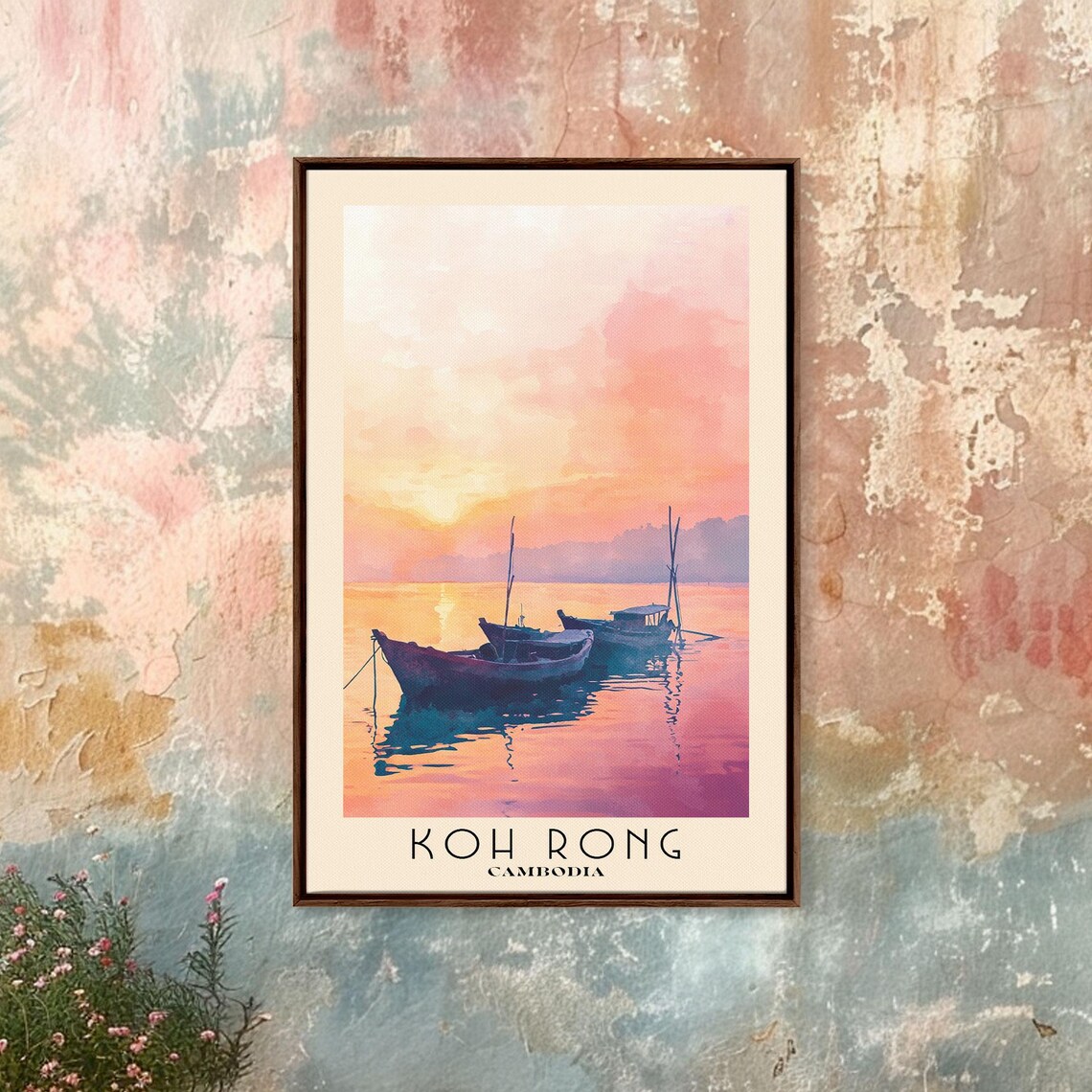 Koh Rong Cambodia Fishing Boats Pink Sunset Sea Watercolor Poster - Image 4