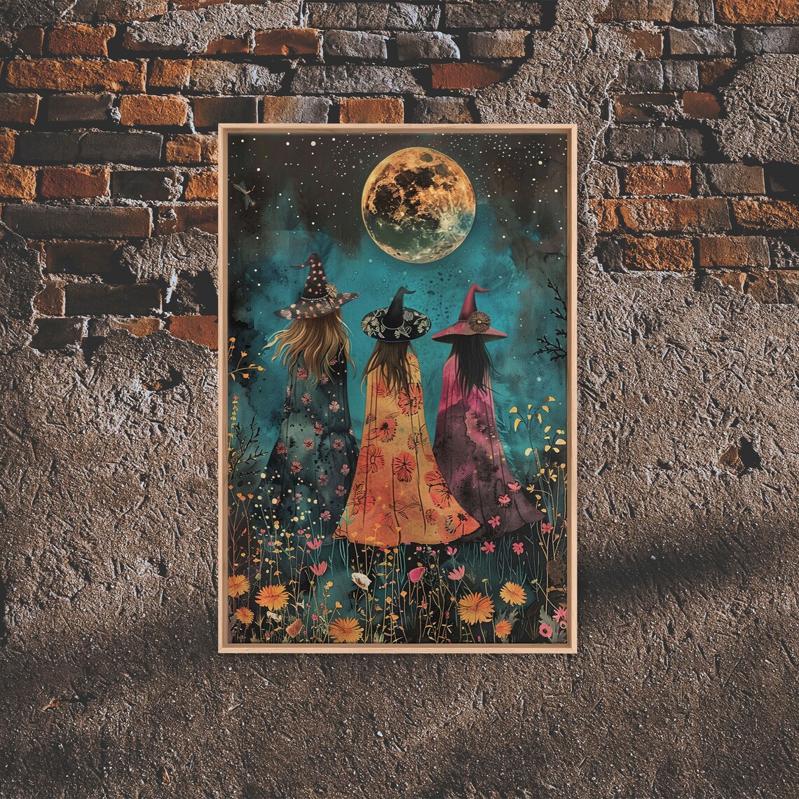 Three Witches Full Moon Night Painting Cottagecore Wildflowers Witchy Wall Art Poster