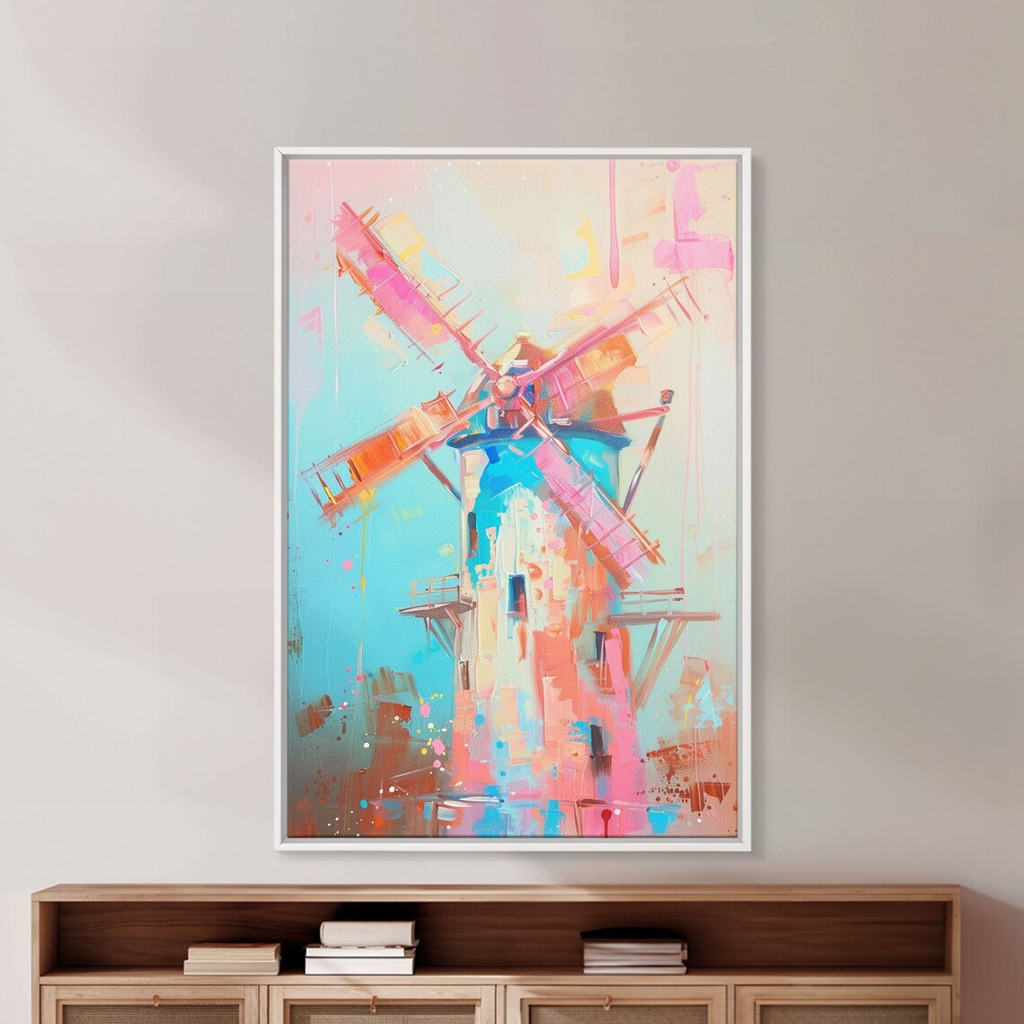 Pastel Windmill Painting In Pink Blue And Orange Soft Colors Poster - Image 5