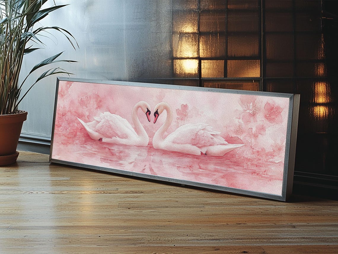 Swan Pair Pink Blossom Lake Watercolor Romantic Animal Wall Art - Image 2