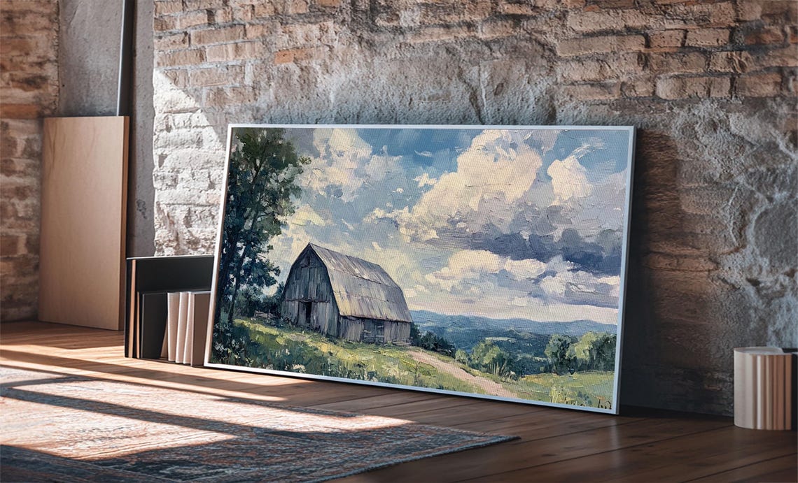 Rustic Old Barn Hilltop Panoramic Countryside Cloudy Sky Art Print