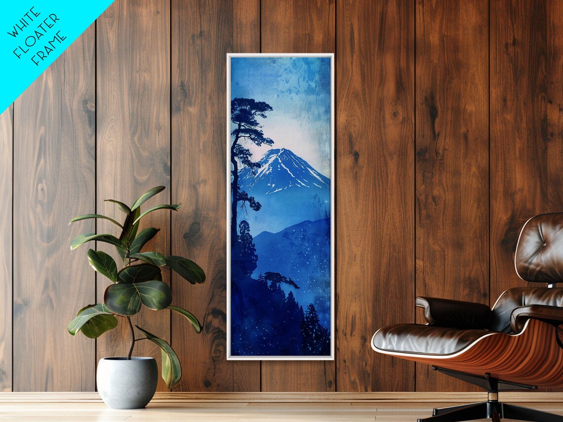 Mount Fuji In Blue Monochrome With Pine Trees Watercolor Travel Poster - Image 3