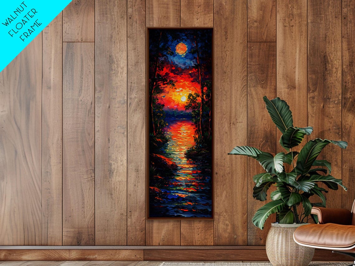 Fiery Sunset And Full Moon Over Dark Water Impasto Lake Night Poster - Image 5