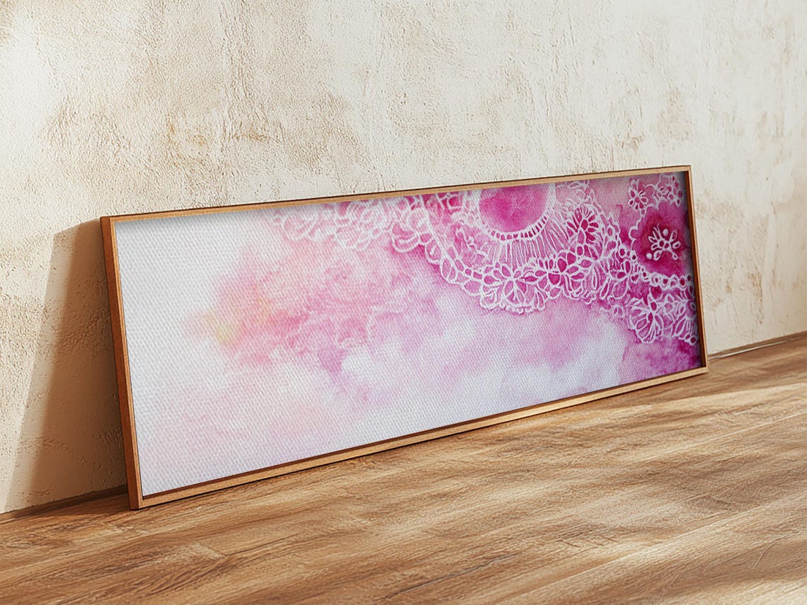 Delicate Pink Lace Doily Watercolor Floral Pattern Panoramic Art Print - Image 3