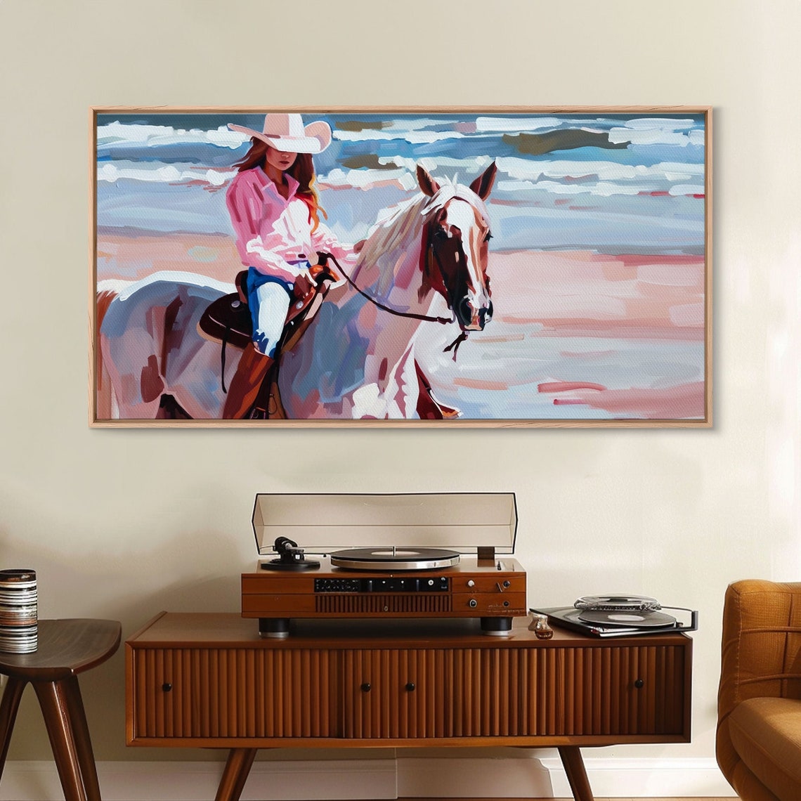 Cowgirl In Pink Shirt Riding Horse By The Sea Beautiful Framed Print Coastal Living Room Art Beach Bedroom Decor Horse Art - Image 2