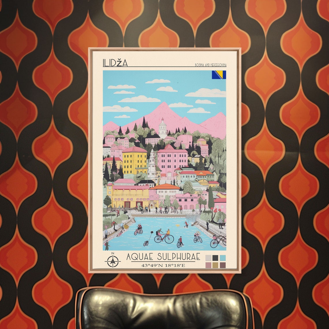 Ilidza Bosnia Spa Town Thermal Pools Cyclists Pink Mountains Poster - Image 3