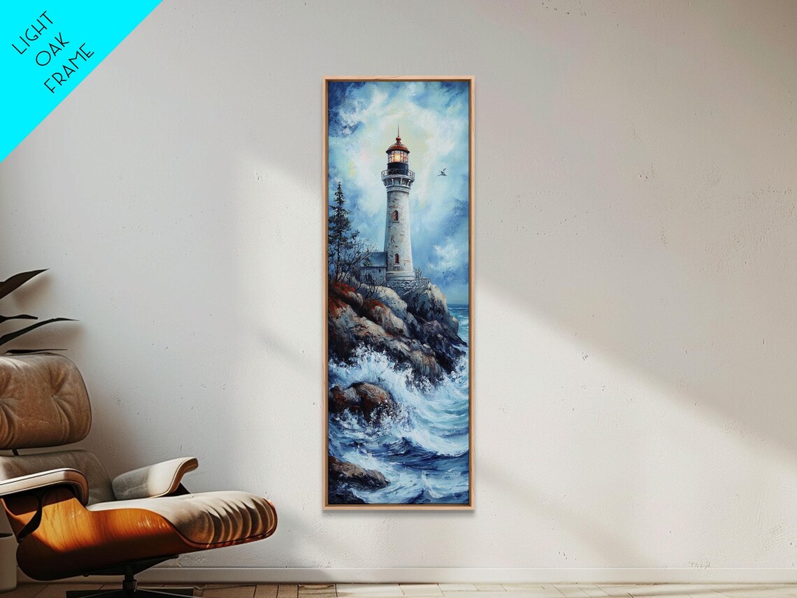 Rocky Coast Lighthouse Tower Crashing Ocean Waves Nautical Sky Wall Poster - Image 4
