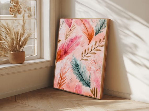 Feather Painting Framed Print Boho Art Cottagecore Bedroom Art Rustic Wall Art Gift Idea Her Living Room Art Light Pink