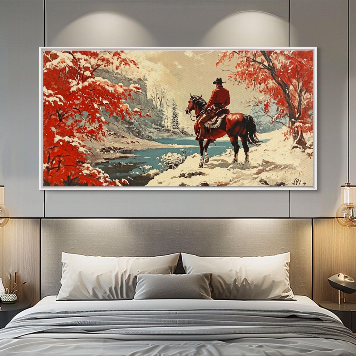 Vintage Cowboy In Red Coat By Snowy River Autumn Leaves Trail Poster - Image 3