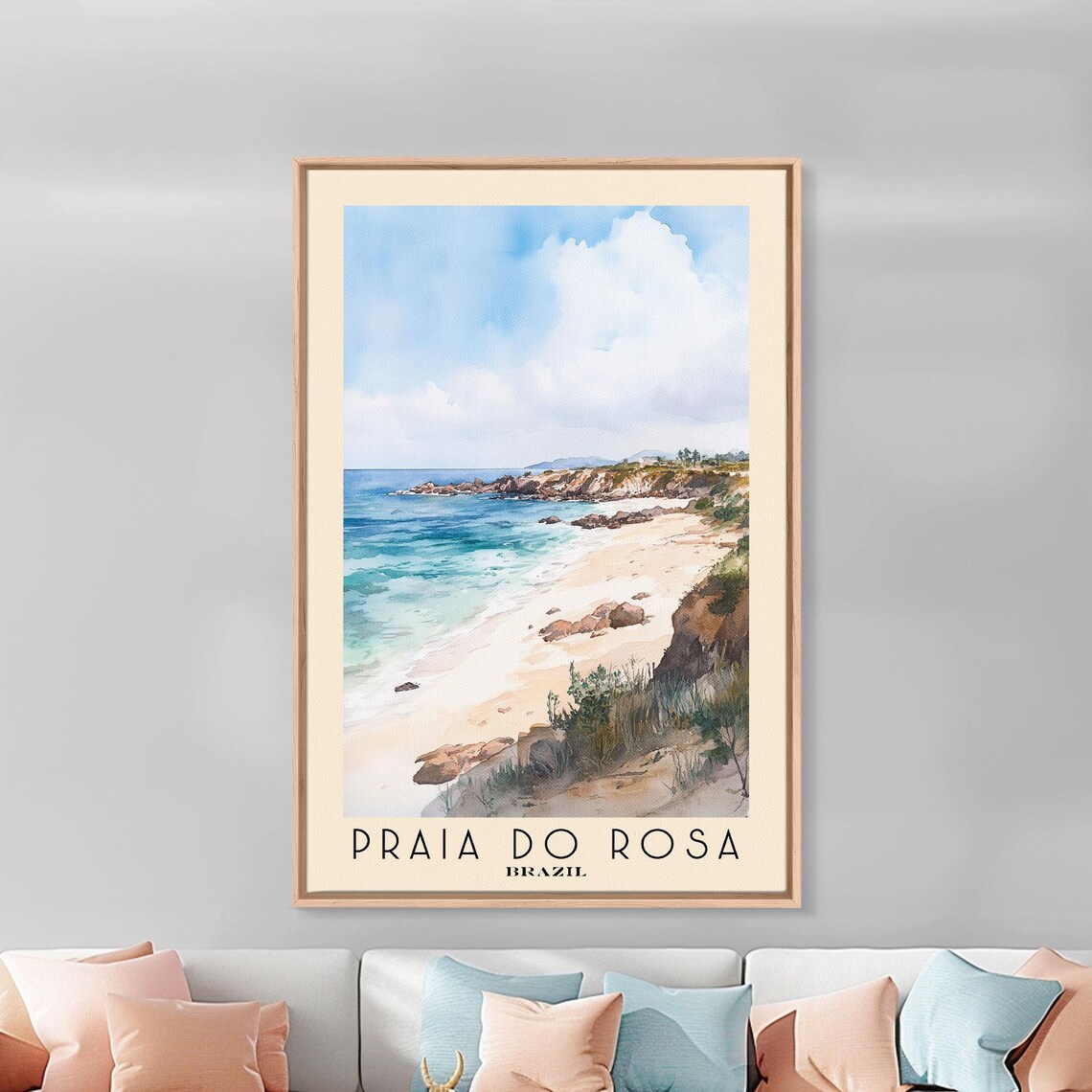 Praia do Rosa Brazil Rocky Cove Sandy Beach Turquoise Sea Cliffs Watercolor Poster - Image 3
