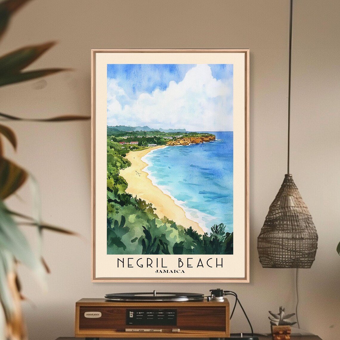 Negril Beach Jamaica Golden Sand Curve Lush Green Cliffs Blue Water Poster - Image 2