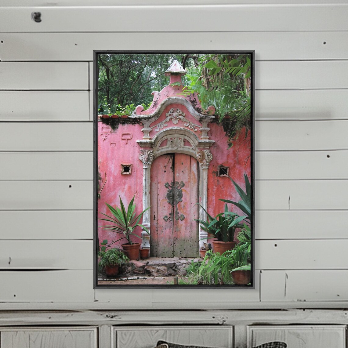 Vintage Rose Pink Wooden Door Ornate Stone Portal Garden Travel Poster - Image 2
