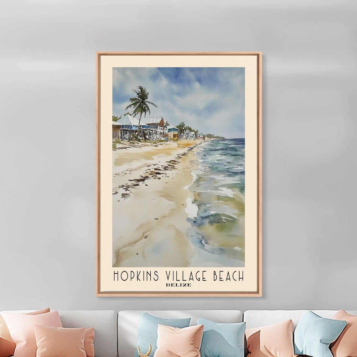 Hopkins Village Beach Belize Rustic Huts Palm Shore Watercolor Poster - Image 3